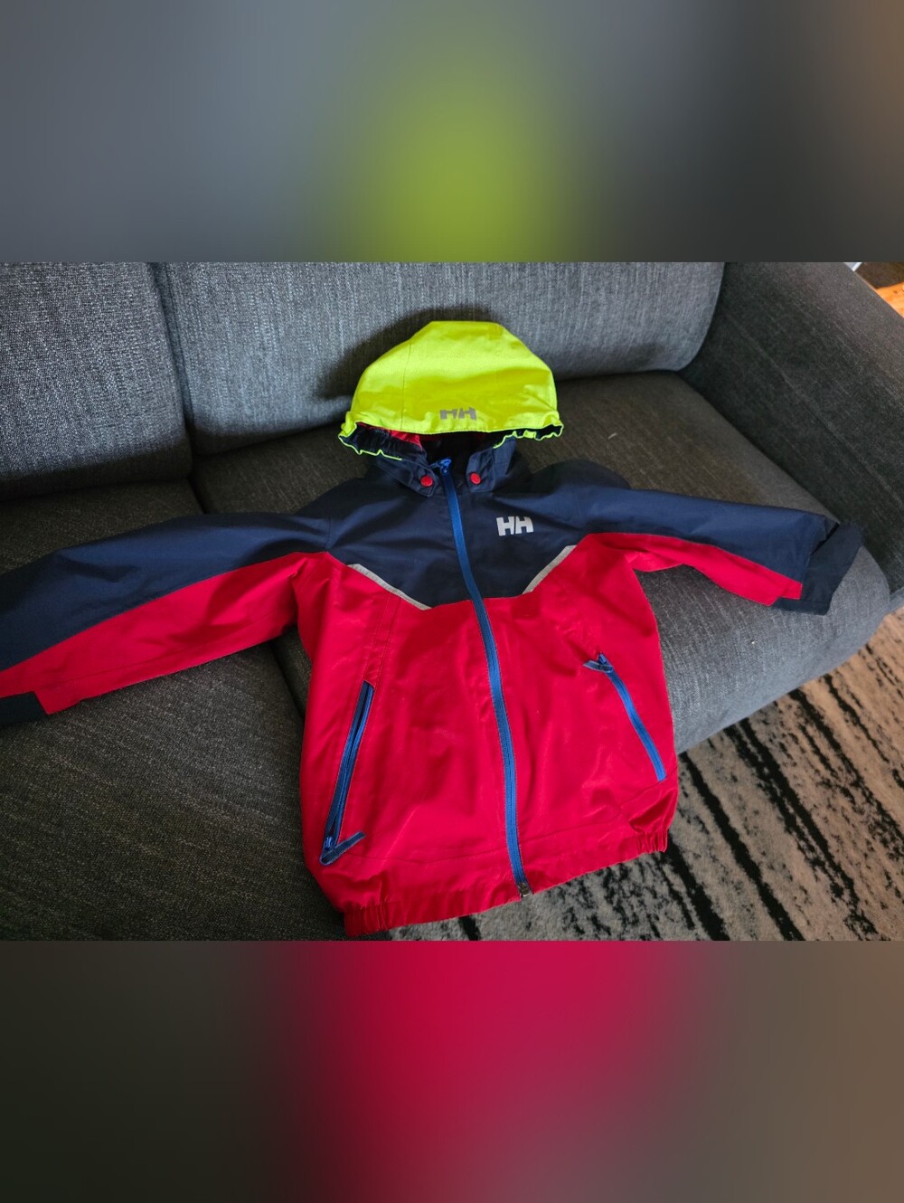 Helly Hansen Kids Colorblock Rain Jacket - Neon Yellow, Navy & Red 6 Ans